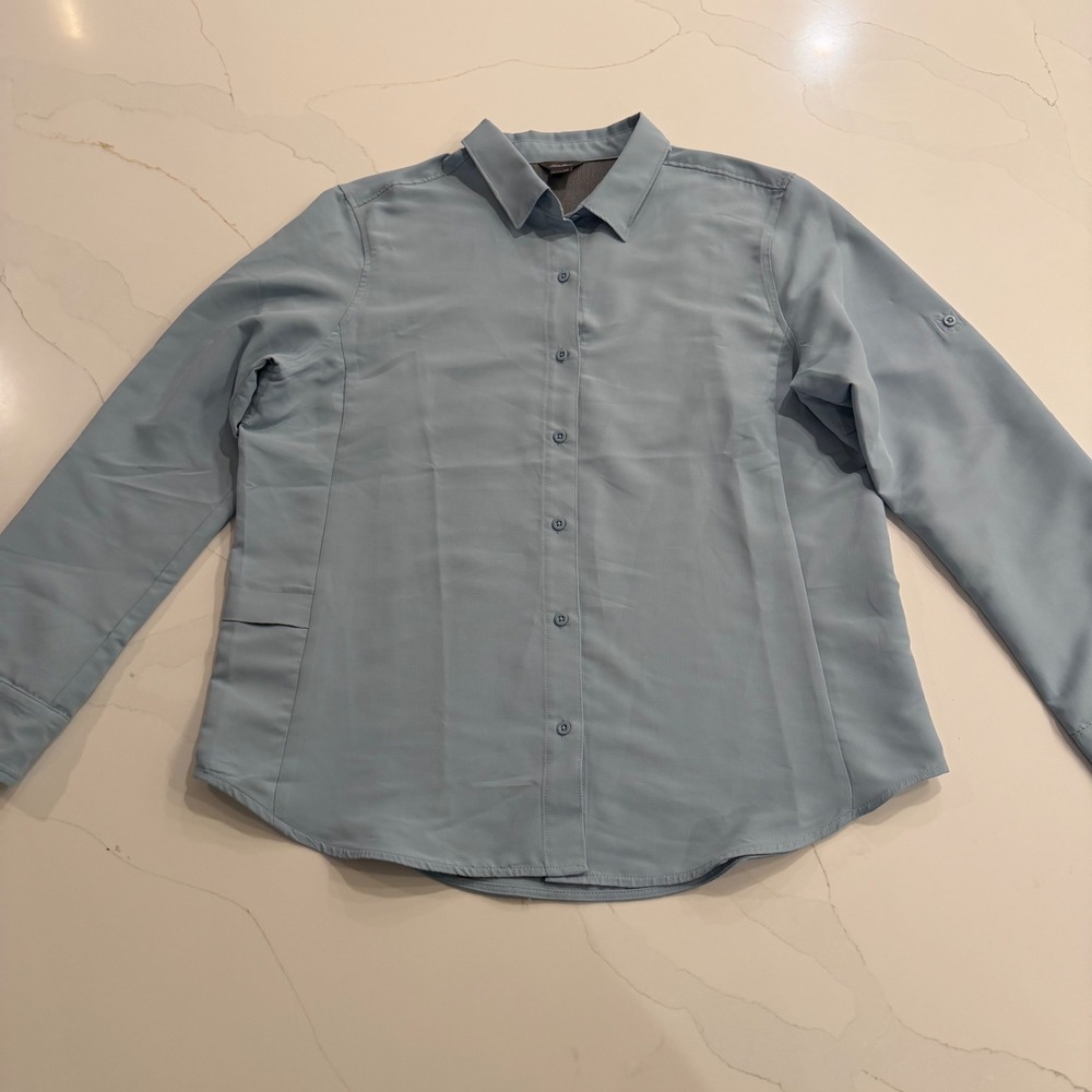 Eddie Bauer Womens Medium Light Blue Ripstop Vented Hiking Shirt Long Sleeve